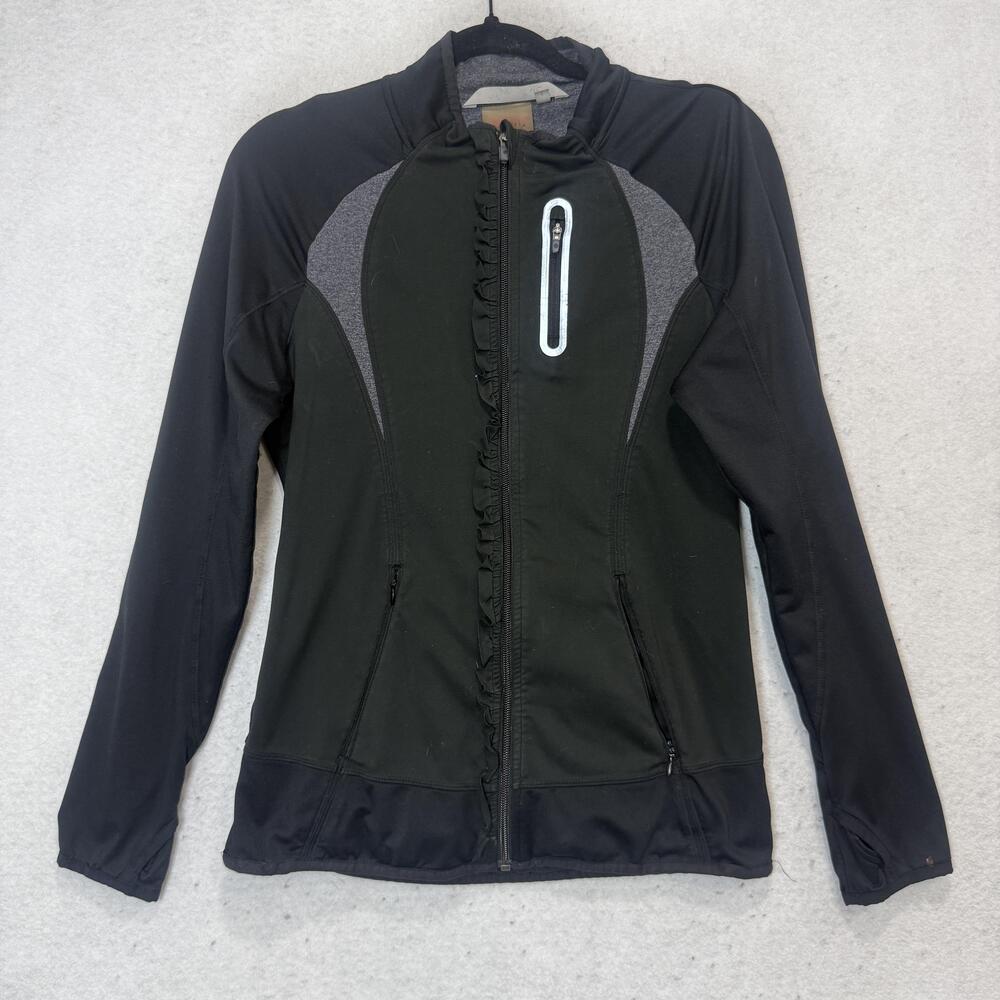 Athleta Track Jacket Womens 2 Black Colorblock Full Zip Thumbholes Reflective